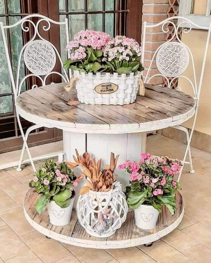 Cable Spool Patio Table with Planter Shelves
