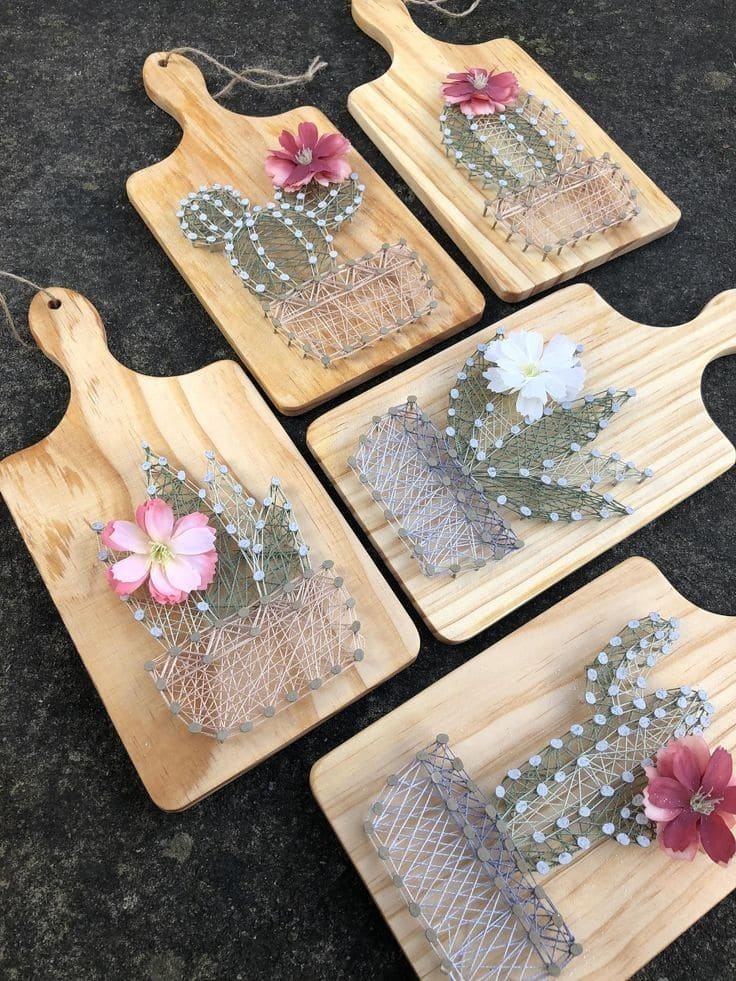Cactus String Art on Cutting Boards