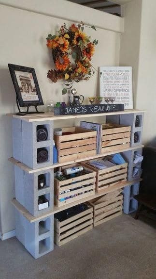 DIY Cinder Block and Crate Storage Shelf