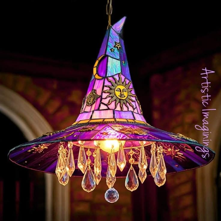 DIY Stained Glass Witch Hat Chandelier