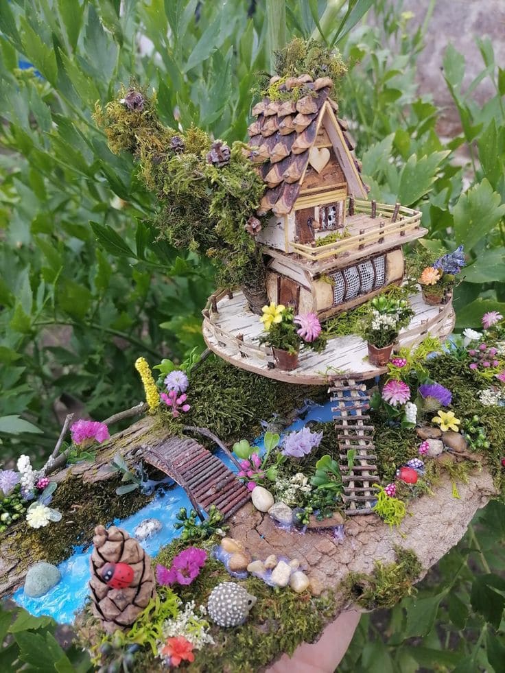 Enchanted Treehouse Fairy Garden on Bark