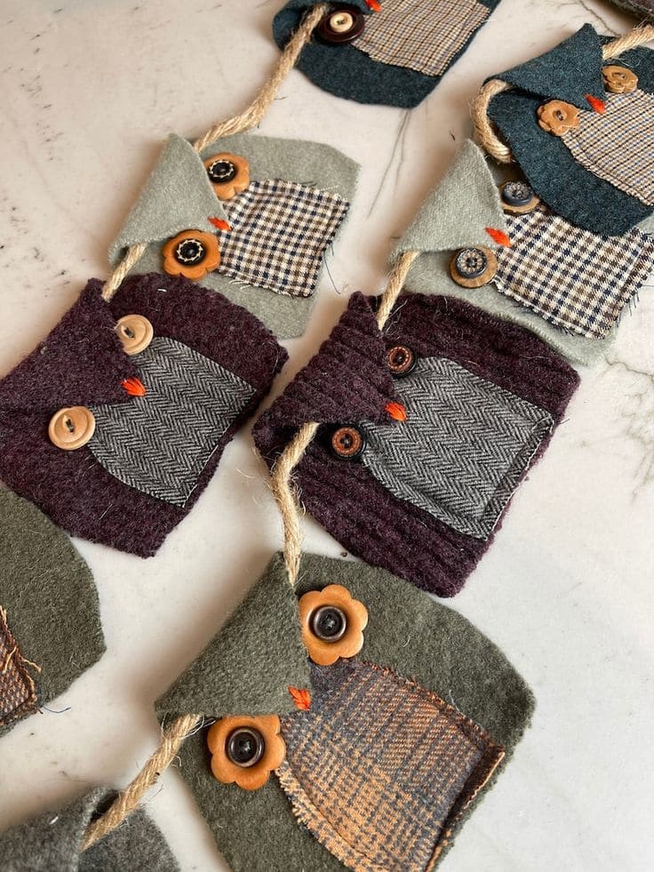 Fall Owl Garland Made from Upcycled Fabric