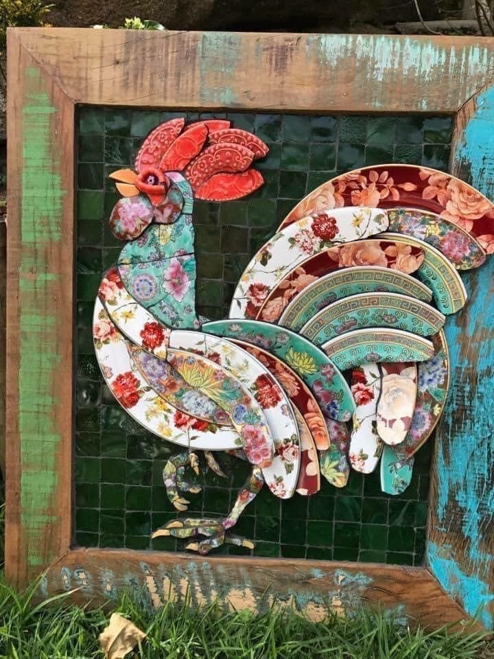 Framed Rooster Mosaic with Broken China