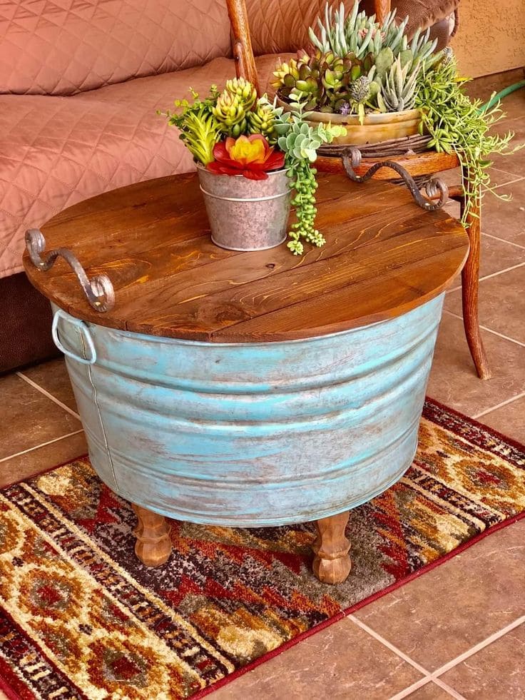 Galvanized Tub Coffee Table with Wood Top