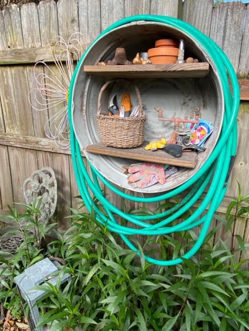Galvanized Tub Garden Hose and Tool Organizer