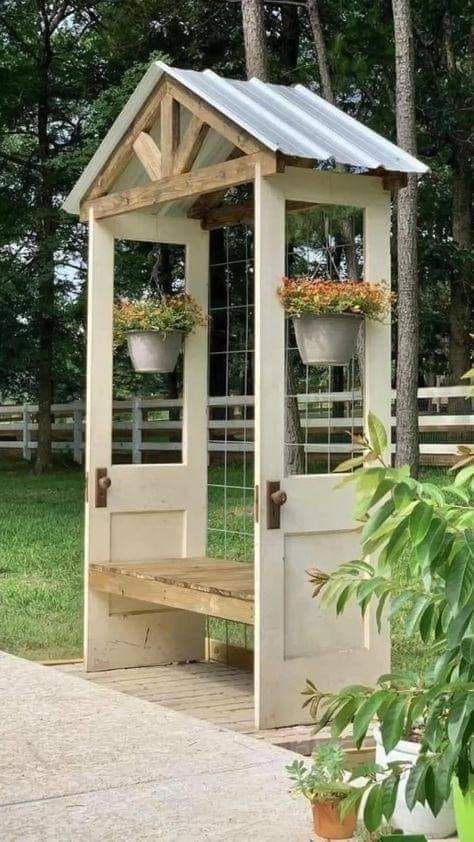 Garden Door Arbor Bench with Hanging Planters