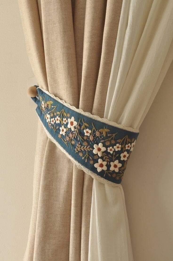 Hand-Embroidered Floral Fabric Tieback