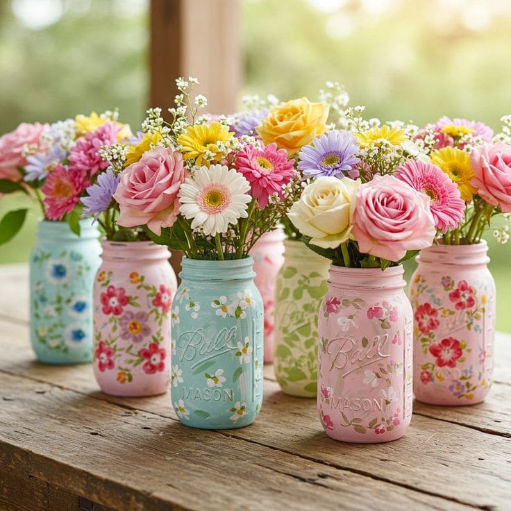Hand-Painted Floral Mason Jar Vases