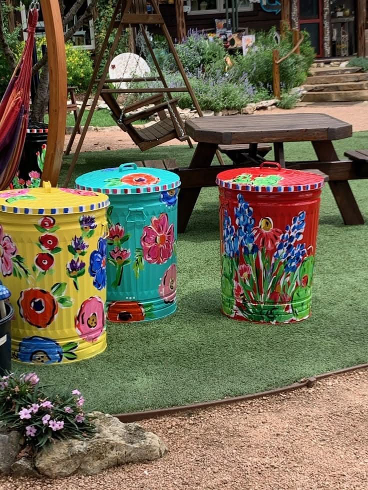 Hand-Painted Floral Trash Can Storage