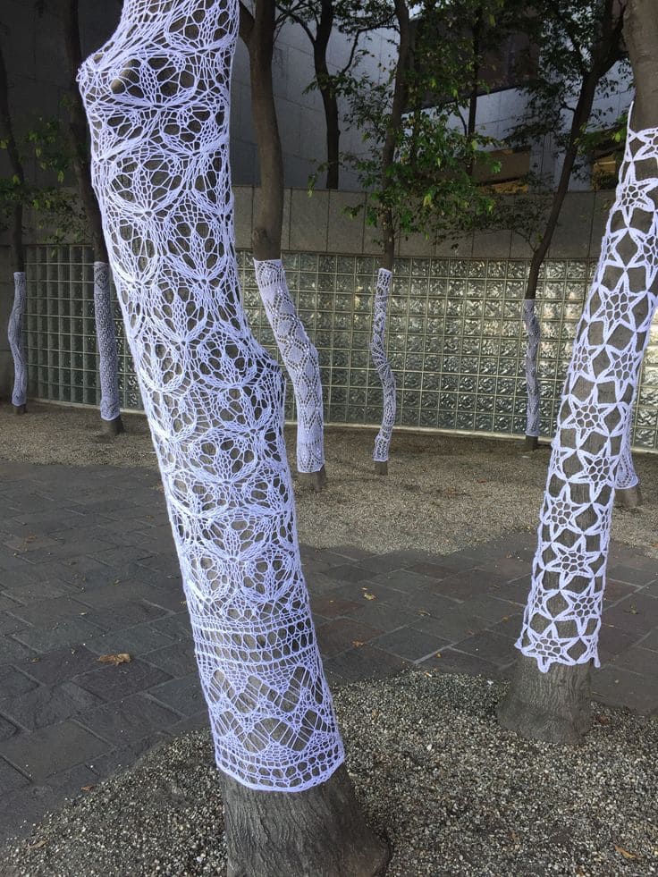 20 Whimsical Tree Trunk Projects That Transform Your Outdoor Space Lace-Covered Tree Trunks