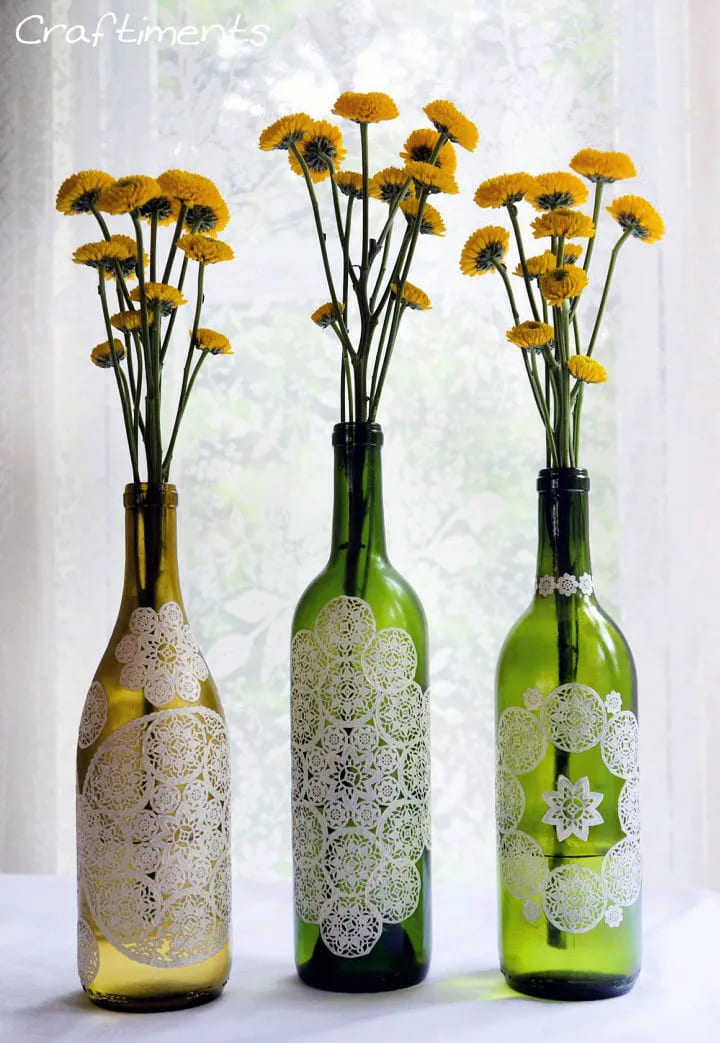 Lace-Doily Wine Bottle Vases