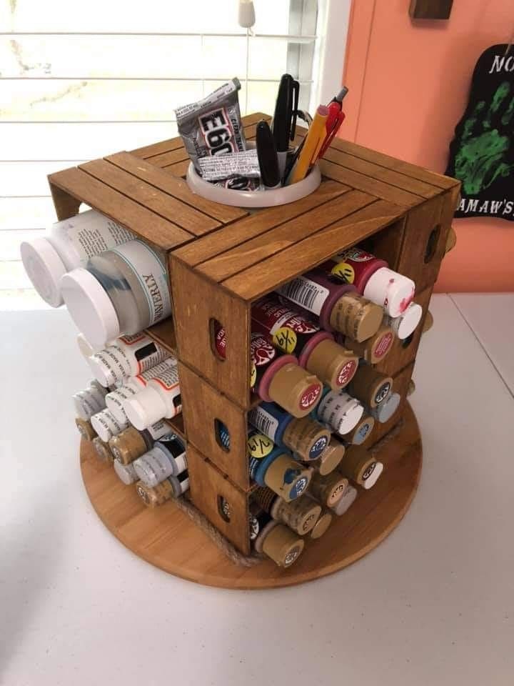 Lazy Susan Rotating Paint Crate Organizer