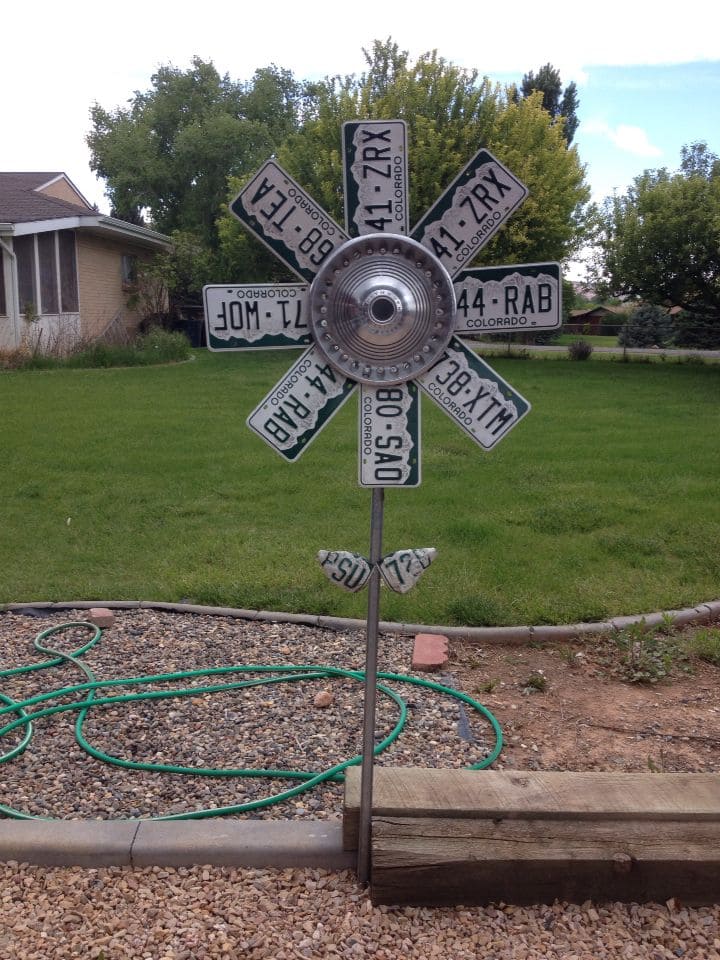 License Plate Flower Yard Art