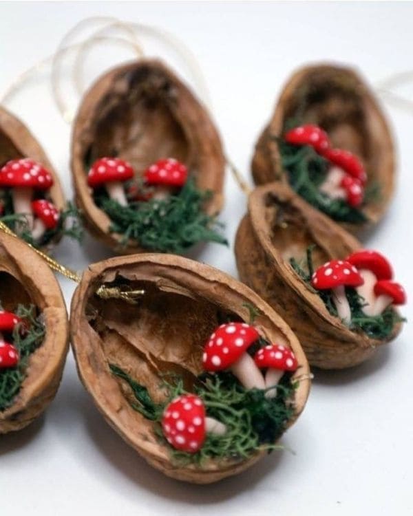 Miniature Mushroom Walnut Ornaments