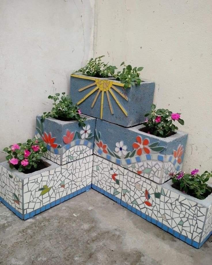 Mosaic Cinder Block Flower Planters