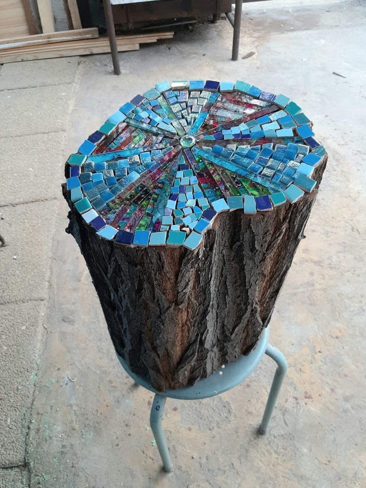 Mosaic Tree Stump Side Table