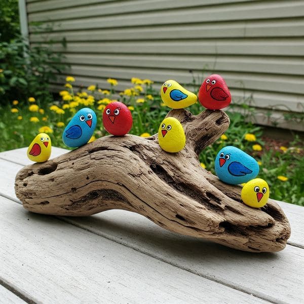 Painted Rock Birds on Driftwood Perch