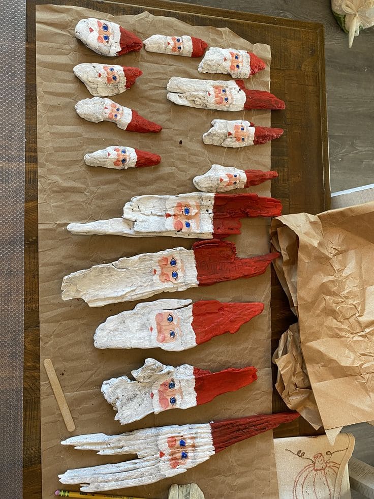 Painted Tree Bark Santas