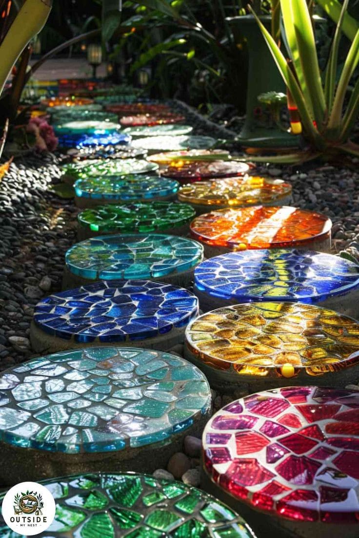 Rainbow Mosaic Glass Stepping Stones