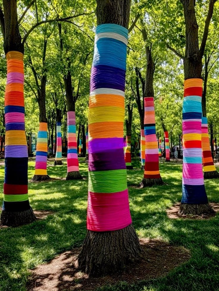 20 Whimsical Tree Trunk Projects That Transform Your Outdoor Space Rainbow-Wrapped Tree Trunks