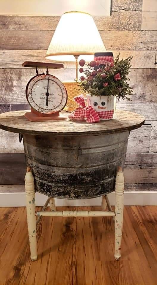 Rustic Farmhouse End Table from a Vintage Wash Tub
