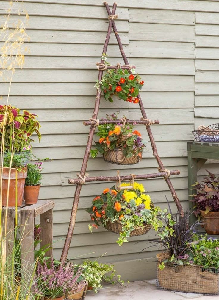 Rustic Hanging Ladder Plant Stand with Twigs
