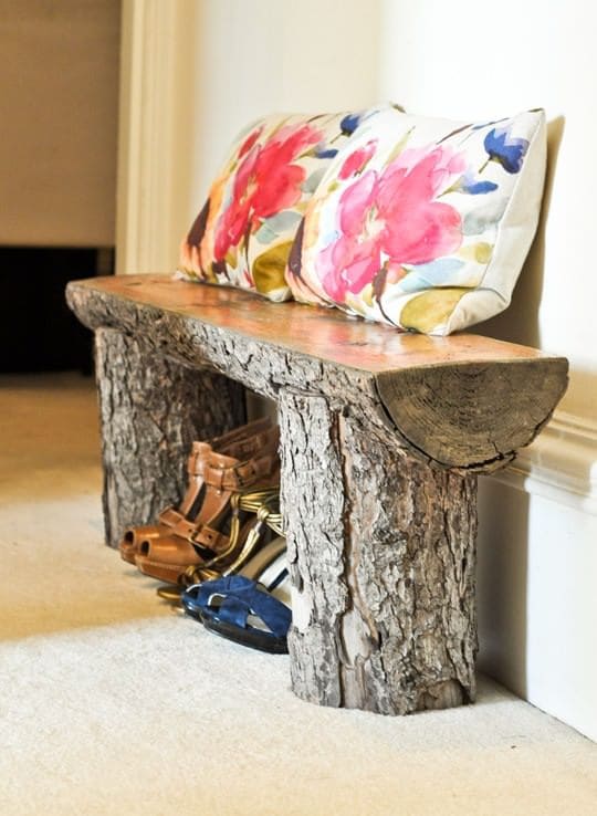 Rustic Log Bench with Shoe Storage