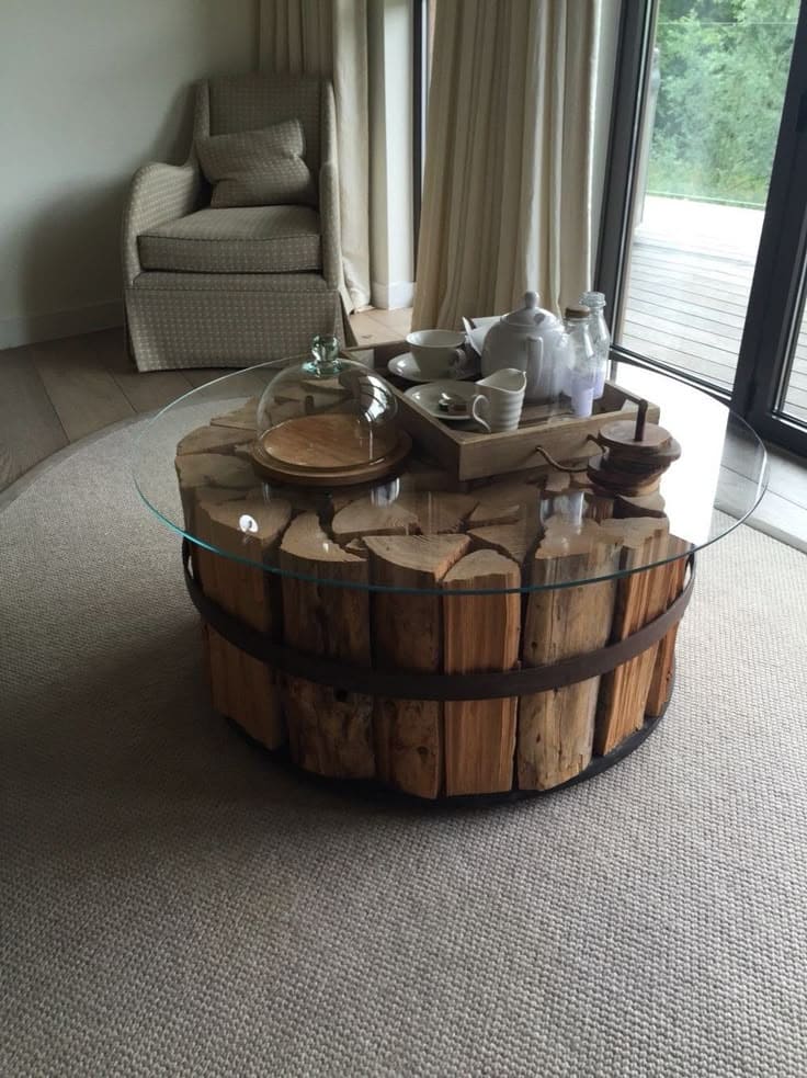 Rustic Log Coffee Table with Glass Top
