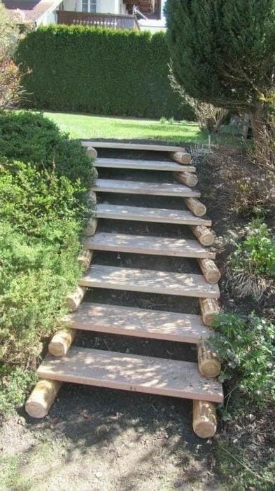 Rustic Log and Plank Garden Steps