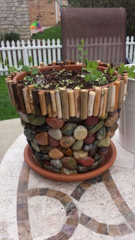 Rustic Pebble and Stick Planter