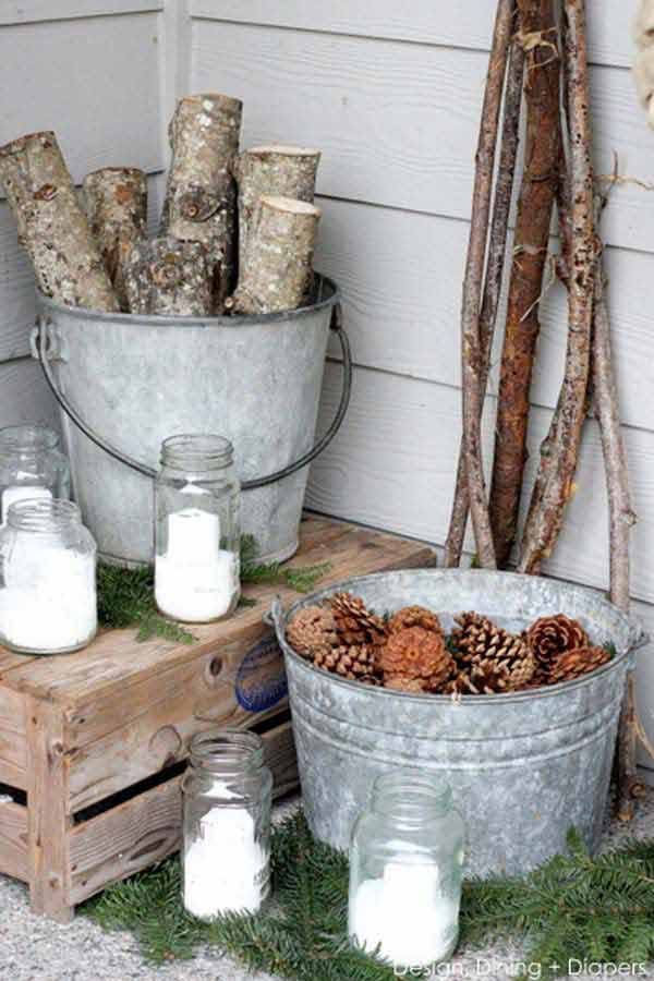 Rustic Winter Porch Decor with Galvanized Tubs