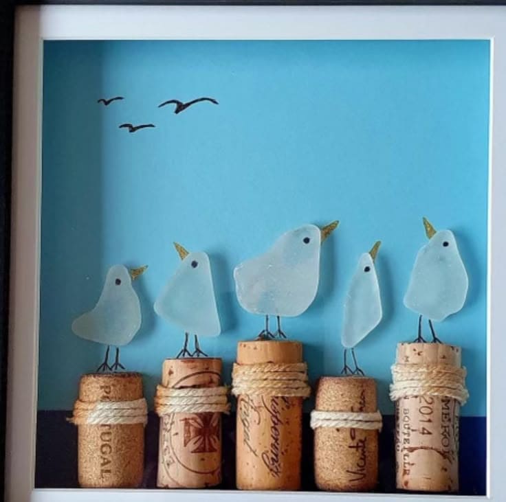 Sea Glass Seagulls on Cork Perch