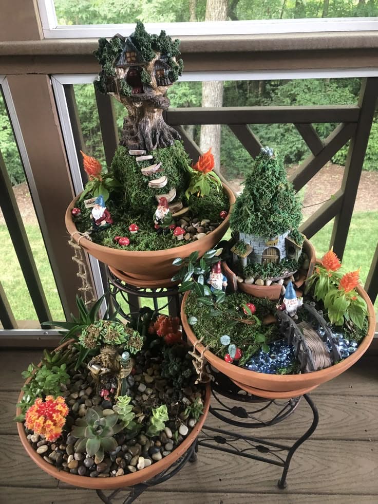 Stacked Fairy Village in Terracotta Bowls