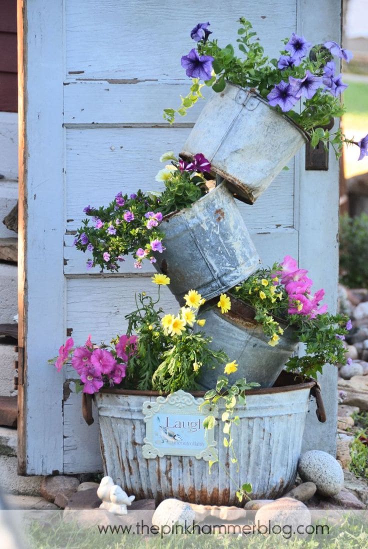 Stacked Galvanized Bucket Planter Display