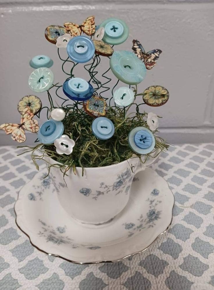 Teacup Button Bouquet with Butterflies