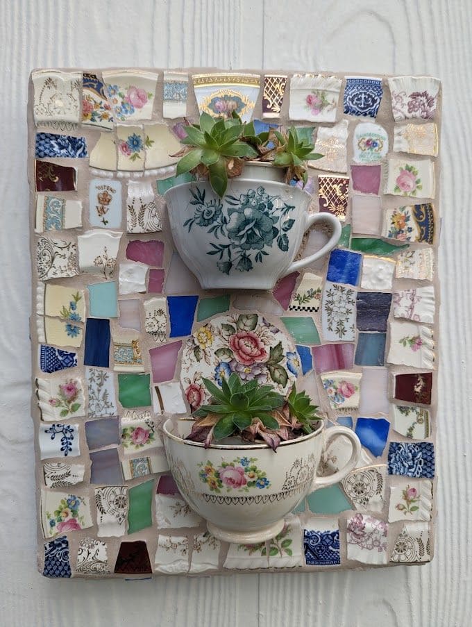 Teacup Succulent Wall Art with Broken China Mosaic