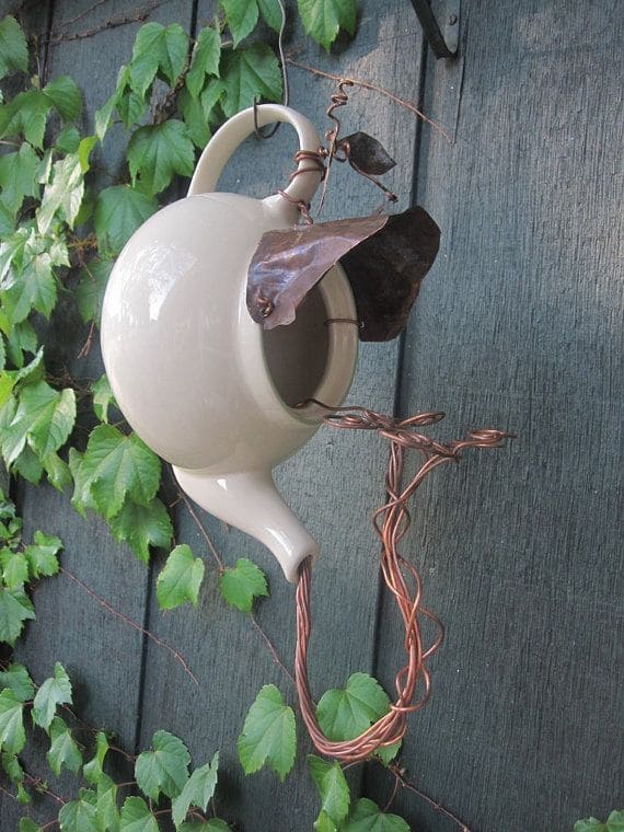 Teapot Birdhouse with Copper Vines