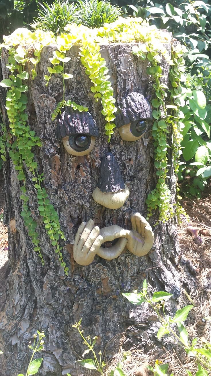 20 Whimsical Tree Trunk Projects That Transform Your Outdoor Space Tree Stump Face Planter