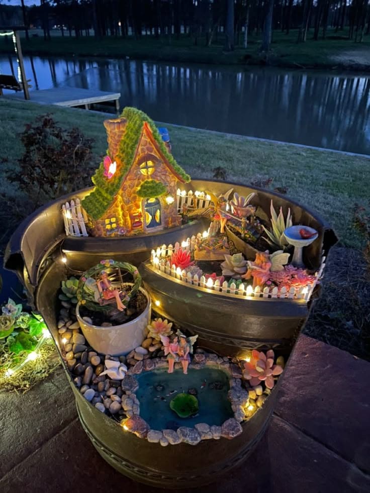 Twilight Fairy Garden in a Tiered Metal Tub
