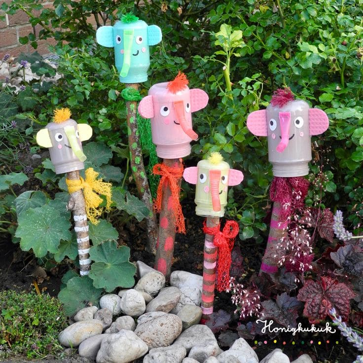 Upcycled Elephant Garden Stick Family