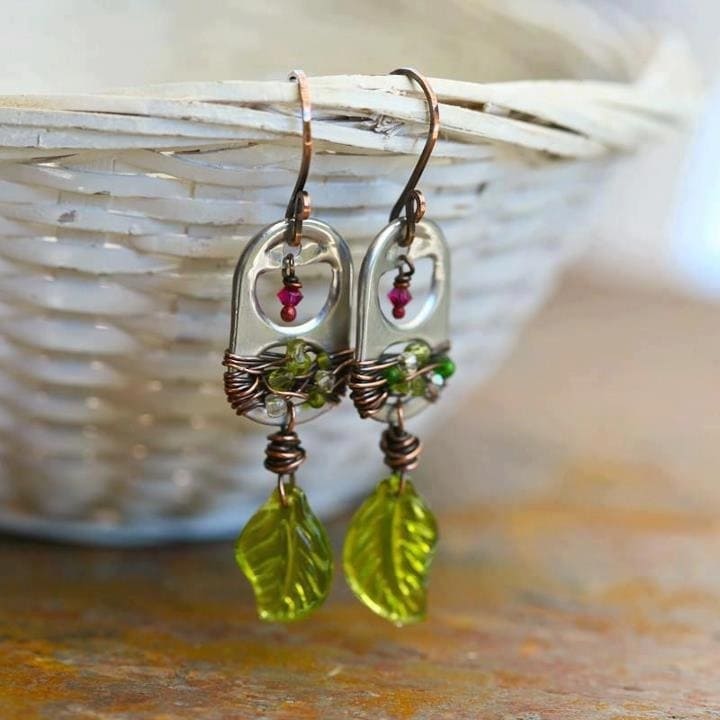 Upcycled Tab Earrings with Glass Leaf Charms