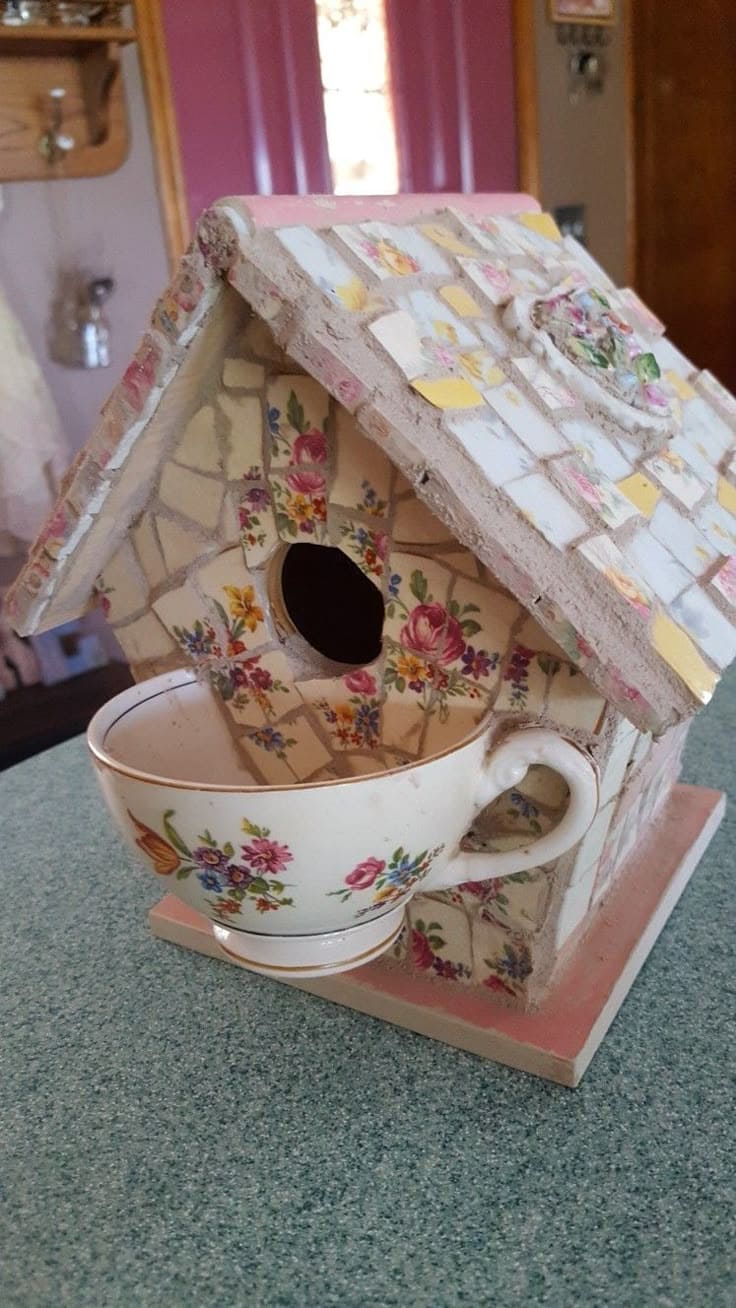 Vintage China Mosaic Birdhouse with Teacup Porch