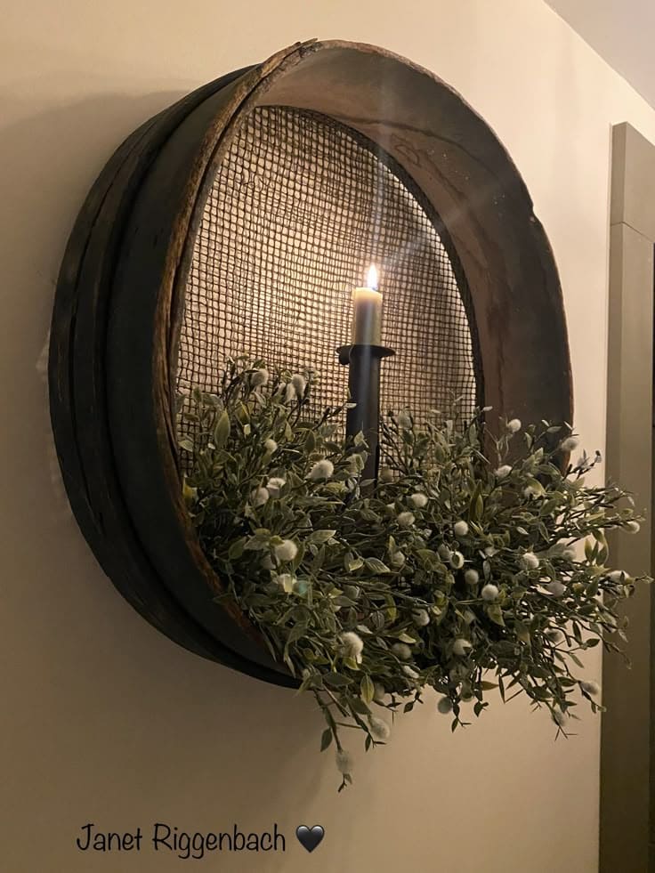 Wall-Mounted Galvanized Sieve Candle Wreath