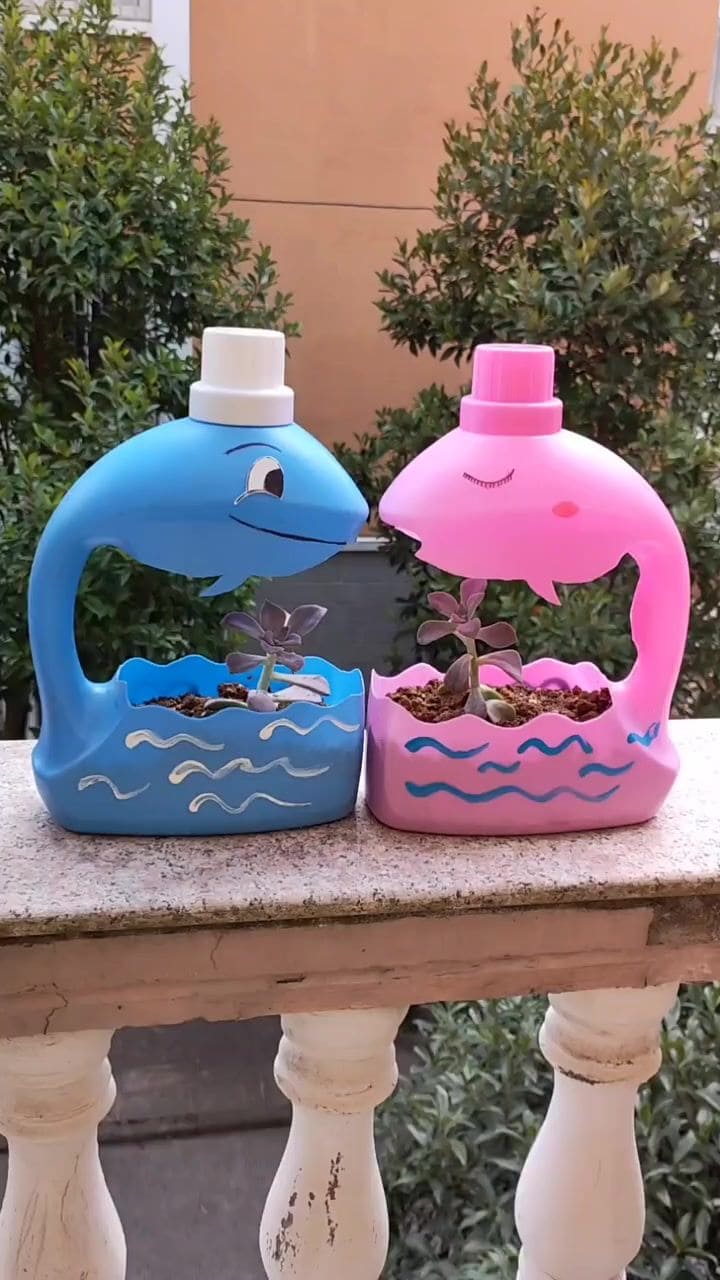 Whale Planters Made from Laundry Bottles