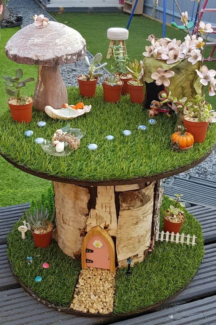 Whimsical Cable Spool Fairy Garden