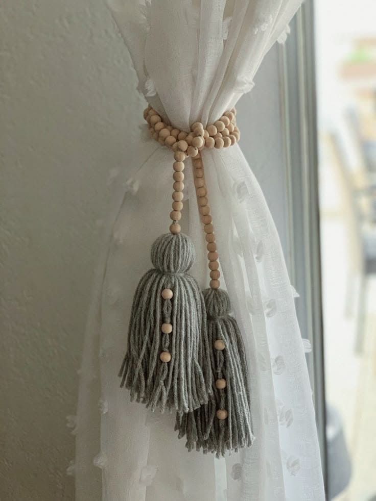Wood Bead and Yarn Tassel Curtain Tieback