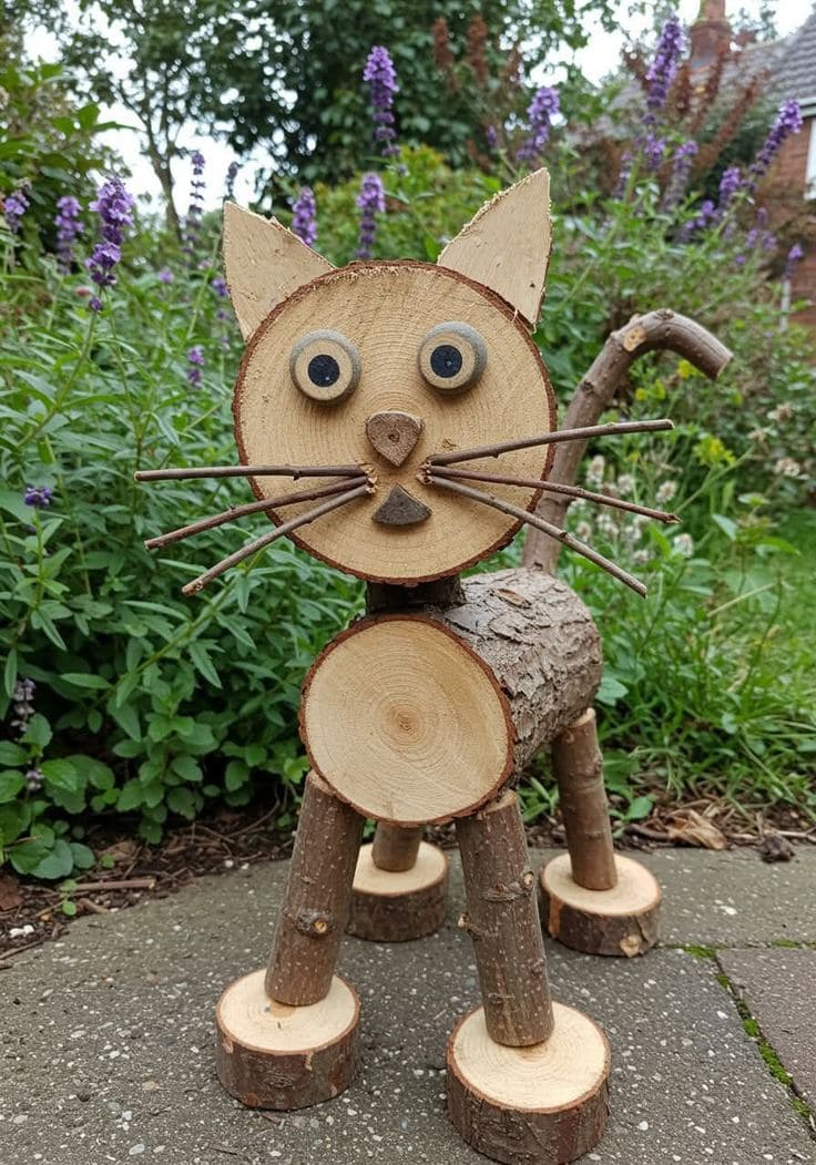 Wood-Slice Cat Sculpture