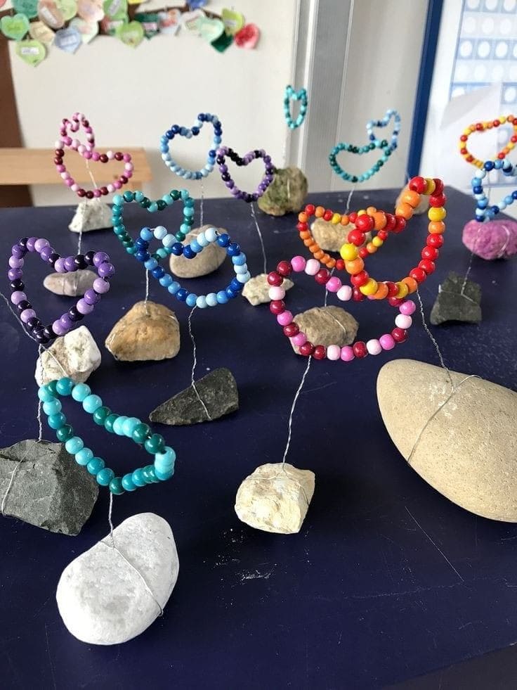 Beaded Heart Sculptures on Stone