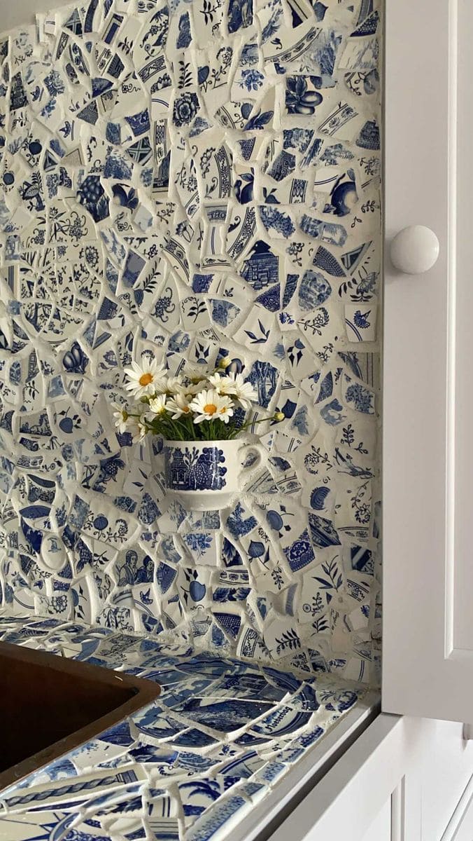 Broken Porcelain Mosaic Backsplash and Counter