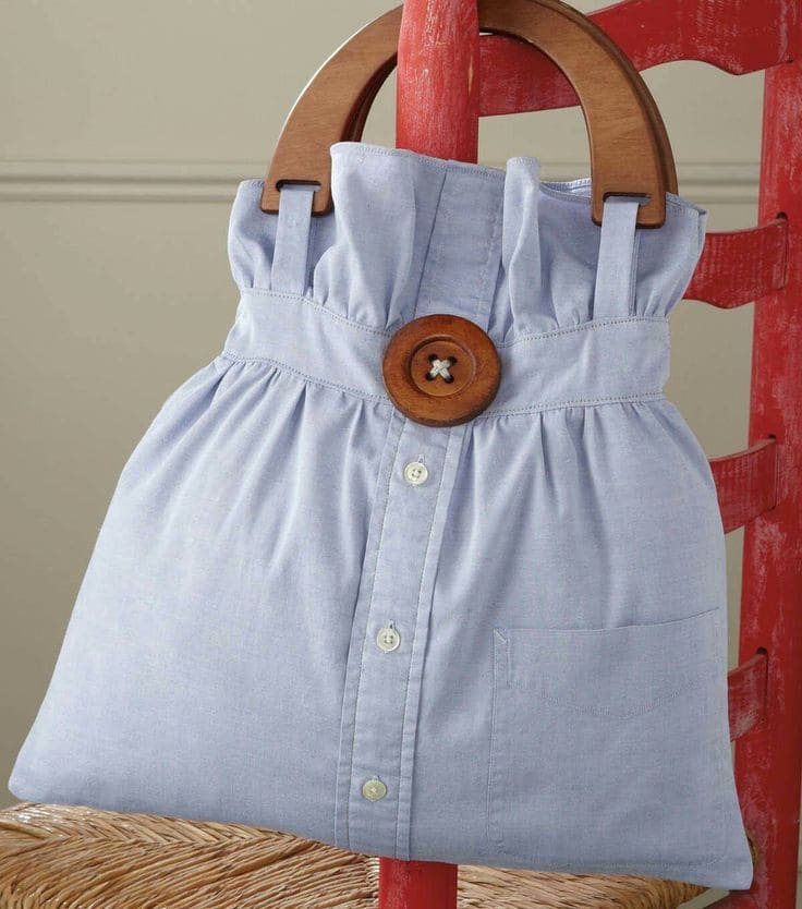 Button-Up Shirt Handbag with Wooden Handles
